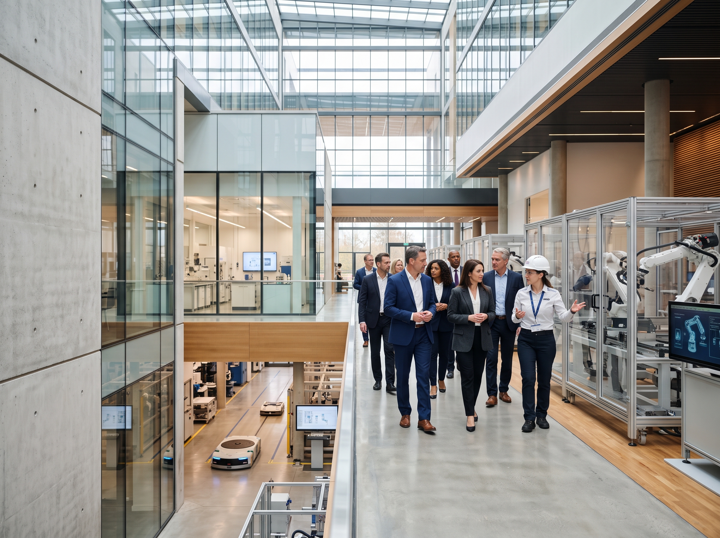 People walking through modern research/industrial facility learning about membership benefits