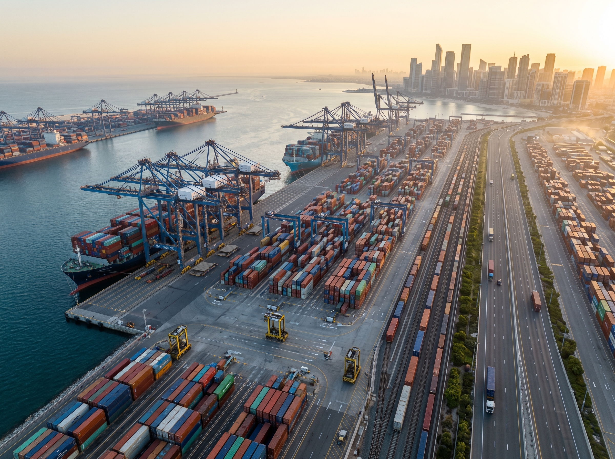 Modern international port with cargo containers, logistics infrastructure and global trade operations