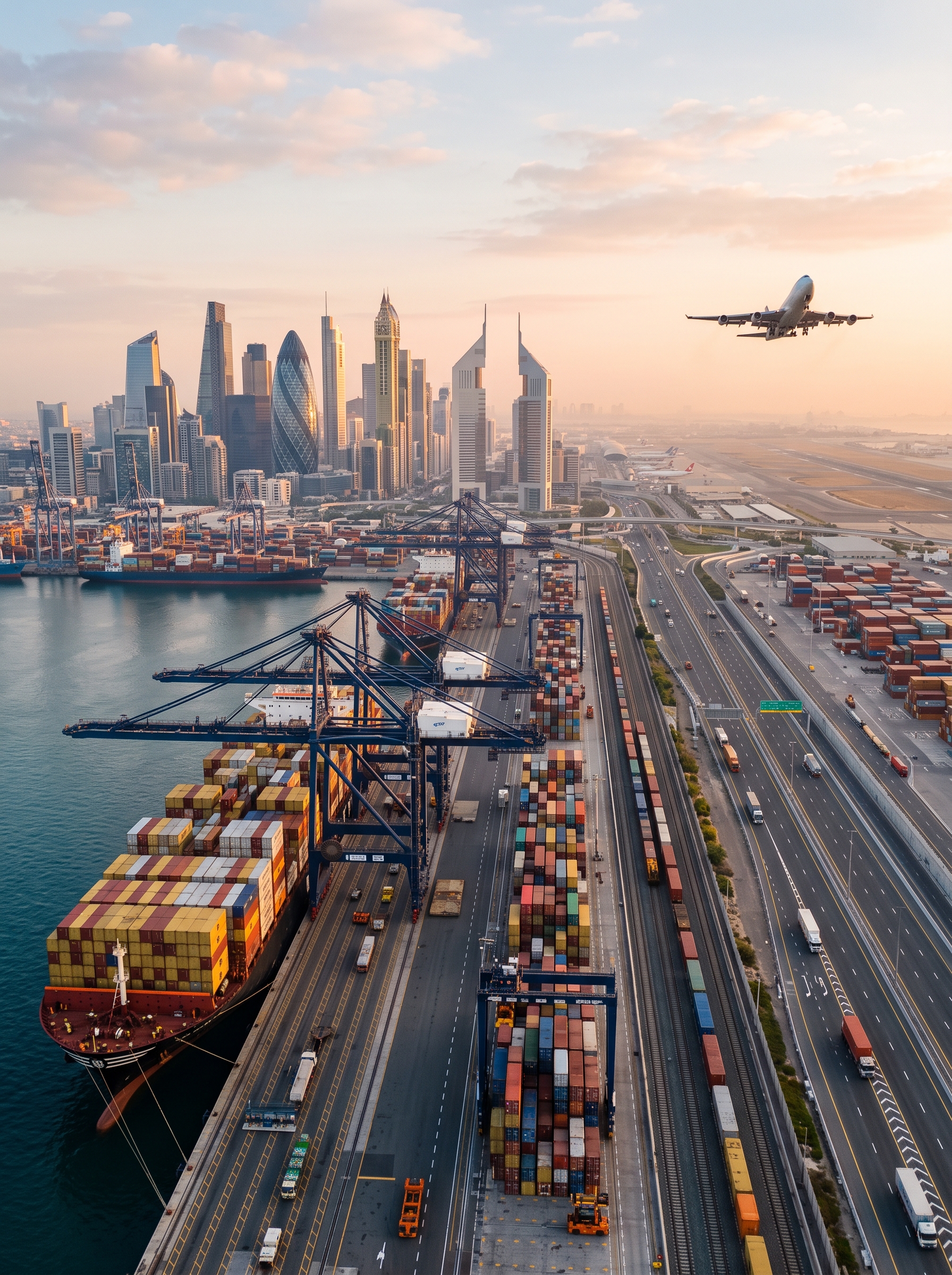 Official ITFOI trade services - logistics and container ship with airplane taking off over Dubai skyline